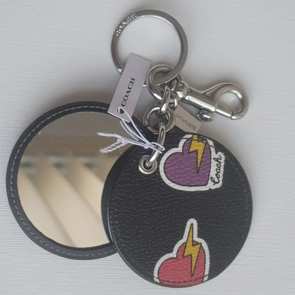 Coach Heart Bolt Print Black Coated Canvas CW475 Mirror Bag Charm Key Chain